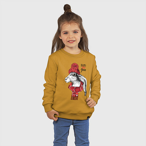 Детский свитшот Happy New Year! Rabbit in a red knitted hat / Горчичный – фото 3