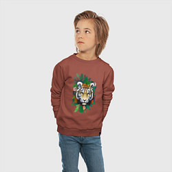 Свитшот хлопковый детский Голова Тигра среди листьев и цветов, Тигр символ 2, цвет: кирпичный — фото 2
