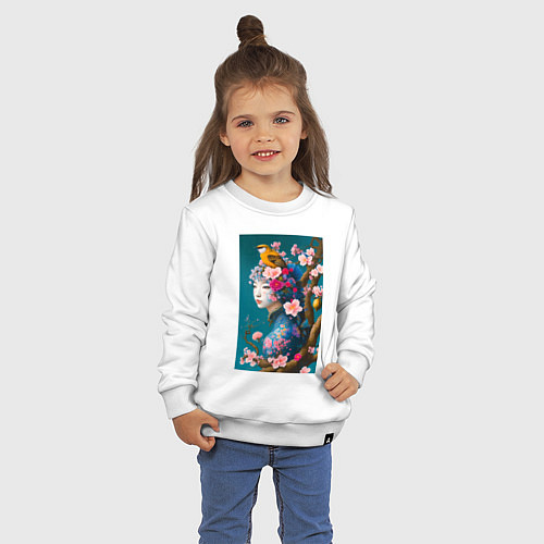 Детский свитшот Девушка с птицей на фоне цветущей сакуры / Белый – фото 3