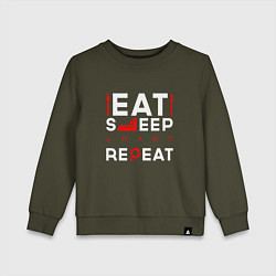 Свитшот хлопковый детский Надпись eat sleep Quake repeat, цвет: хаки