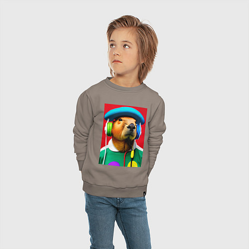 Детский свитшот Капибара в наушниках и шляпе - нейросеть / Утренний латте – фото 4