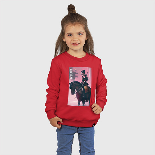 Детский свитшот Онна-бугэйся -конная девушка-самурай - нейросеть / Красный – фото 3