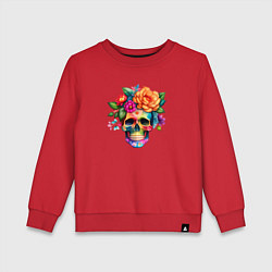 Свитшот хлопковый детский Череп с цветами в мексиканском стиле, цвет: красный
