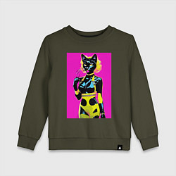 Свитшот хлопковый детский Black cat - fashionista - pop art - neural network, цвет: хаки