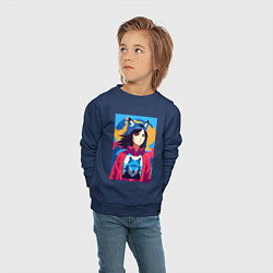 Свитшот хлопковый детский Девочка-волчонок - фурри - аниме, цвет: тёмно-синий — фото 2