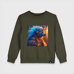 Свитшот хлопковый детский Медведь-индеец от нейросети, цвет: хаки