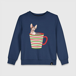 Свитшот хлопковый детский Сфинкс в новогодней полосатой кружке, цвет: тёмно-синий