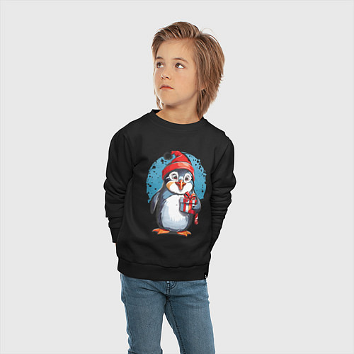 Детский свитшот Пингвин с новогодним подарком / Черный – фото 4