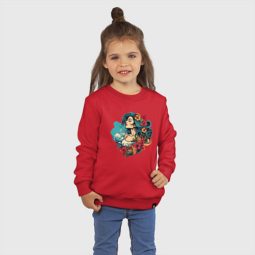 Детский свитшот Девушка с голубыми волосами и цветами / Красный – фото 3