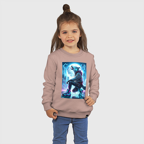 Детский свитшот Cyber wolf in metropolis - ai art / Пыльно-розовый – фото 3