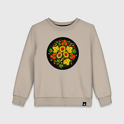 Свитшот хлопковый детский Хохломская роспись цветы и ягоды в чёрном круге, цвет: миндальный