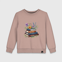 Свитшот хлопковый детский Стопка книг с полевыми цветами, цвет: пыльно-розовый