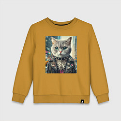 Свитшот хлопковый детский Прикольный котик фанат тяжёлого рока - нейросеть, цвет: горчичный