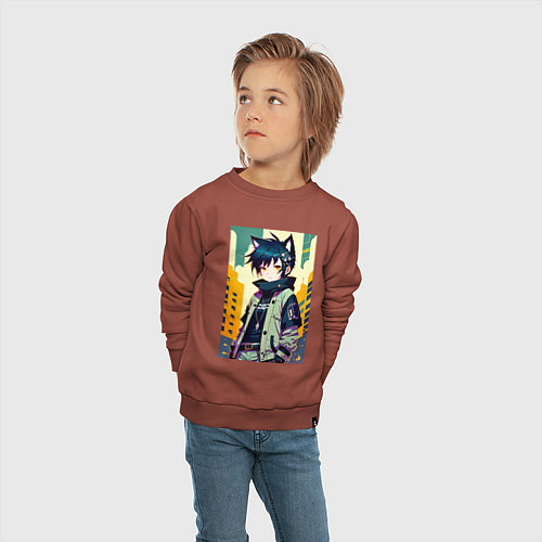 Детский свитшот Девочка котёнок - нейросеть / Кирпичный – фото 4