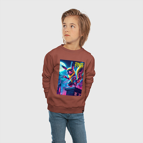 Детский свитшот Ужасный Пикачу на крыше небоскрёба - хэллоуин / Кирпичный – фото 4
