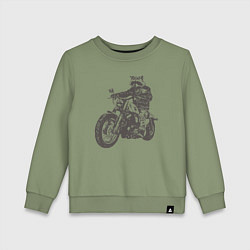 Свитшот хлопковый детский Енот байкер на мотоцикле чоппере, цвет: авокадо