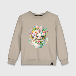 Свитшот хлопковый детский Милый кролик акварельная чашечка цветы, цвет: миндальный