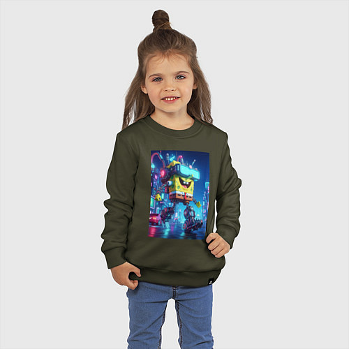 Детский свитшот Cyber Sponge Bob - neon glow fantasy / Хаки – фото 3