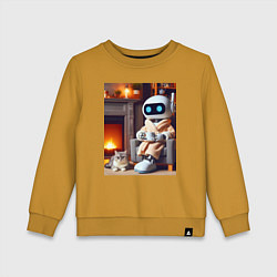 Свитшот хлопковый детский Робот у камина с котом и чашкой кофе - нейроарт, цвет: горчичный