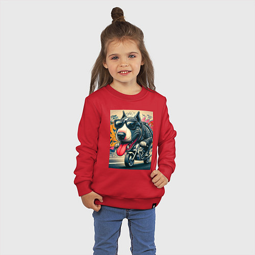 Детский свитшот Бультерьер управляет мотоциклом - граффити / Красный – фото 3