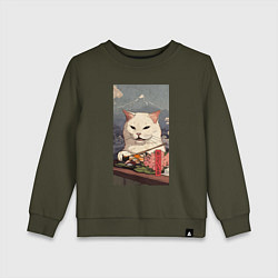 Свитшот хлопковый детский Cat meme - japan style, цвет: хаки