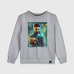 Свитшот хлопковый детский Harry Potter with a magic wand - ai art fantasy, цвет: меланж