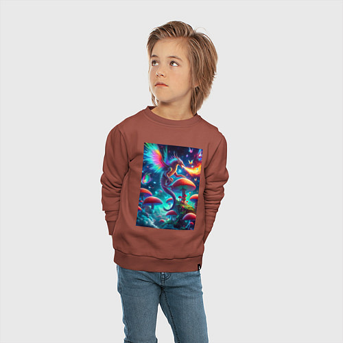 Детский свитшот Сказочный дракон на планете неоновых грибов / Кирпичный – фото 4