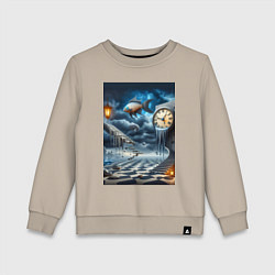 Свитшот хлопковый детский Психоделический пейзаж с часами и рыбой, цвет: миндальный