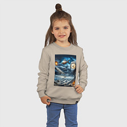 Свитшот хлопковый детский Психоделический пейзаж с часами и рыбой, цвет: миндальный — фото 2