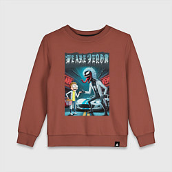 Свитшот хлопковый детский Веном-Рик и Морти рядом со спортивной тачкой, цвет: кирпичный