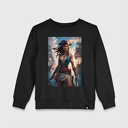 Свитшот хлопковый детский Пиратка на фона флотилии кораблей, цвет: черный