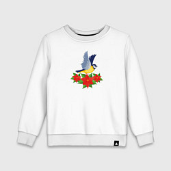 Свитшот хлопковый детский Синица и рождественский цветок, цвет: белый