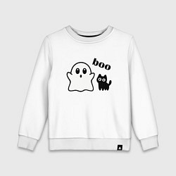 Свитшот хлопковый детский Хэллоуин, привидение и черный кот, цвет: белый