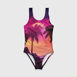 Купальник для девочки Пальмы и пляж в розовом закате ретро дизайн, цвет: 3D-принт
