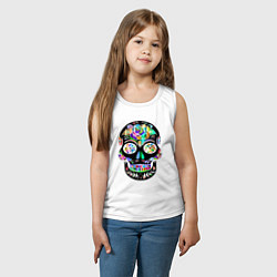 Майка детская хлопок Чёрный мексиканский череп с разноцветными цветами, цвет: белый — фото 2