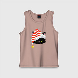 Детская майка Новогодний черный кот в новогоднем колпаке