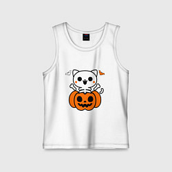 Майка детская хлопок Веселый кот-скелет в тыкве - Хэллоуин, цвет: белый