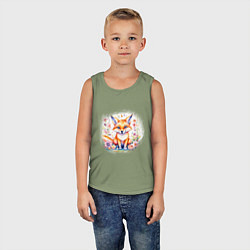 Майка детская хлопок Милый большеухий лисенок сидит в цветах, цвет: авокадо — фото 2