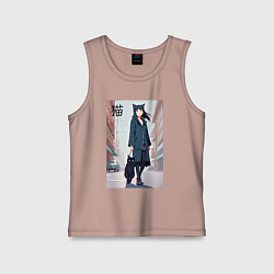 Детская майка Девочка с кошкой в городе - нейросеть