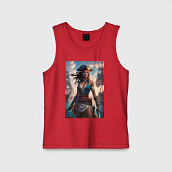 Майка детская хлопок Пиратка на фона флотилии кораблей, цвет: красный