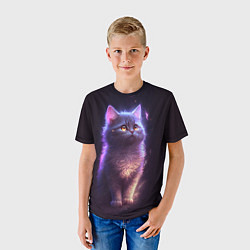 Футболка детская Неоновый котик и луна, цвет: 3D-принт — фото 2
