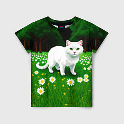 Футболка детская Белый кот на лугу пиксель арт, цвет: 3D-принт