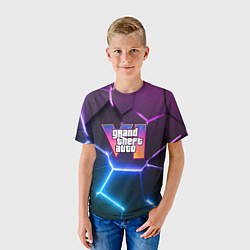 Футболка детская GTA 6 лого на фоне разлома фиолетовых и синих плит, цвет: 3D-принт — фото 2