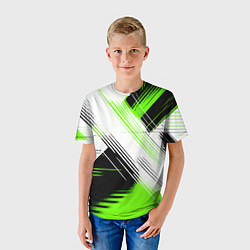Футболка детская Диагональные бело-зелёные линии на чёрном фоне, цвет: 3D-принт — фото 2