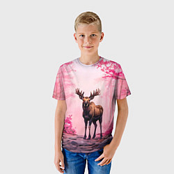 Футболка детская Лось в розовом лесу, цвет: 3D-принт — фото 2