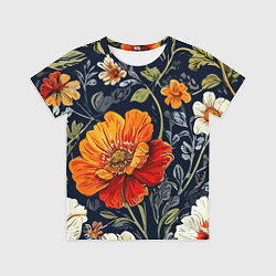 Футболка детская Маки и пионы старинный паттерн, цвет: 3D-принт