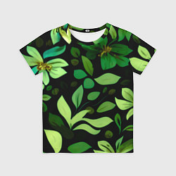 Футболка детская Чёрный с зелёными крупными цветами, цвет: 3D-принт