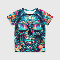 Футболка детская Кибер череп в балахоне и очках - нейроарт фантазия, цвет: 3D-принт