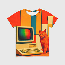 Футболка детская Кот и винтажный компьютер ретрофутуризм поп-арт 19, цвет: 3D-принт