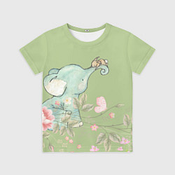 Футболка детская Слоненок с зайчиком в цветах на зеленом, цвет: 3D-принт